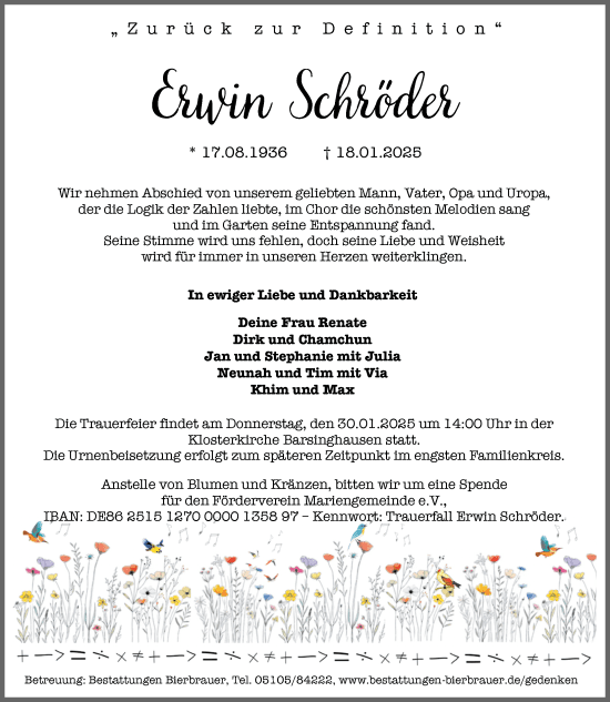 Traueranzeige Erwin Schröder