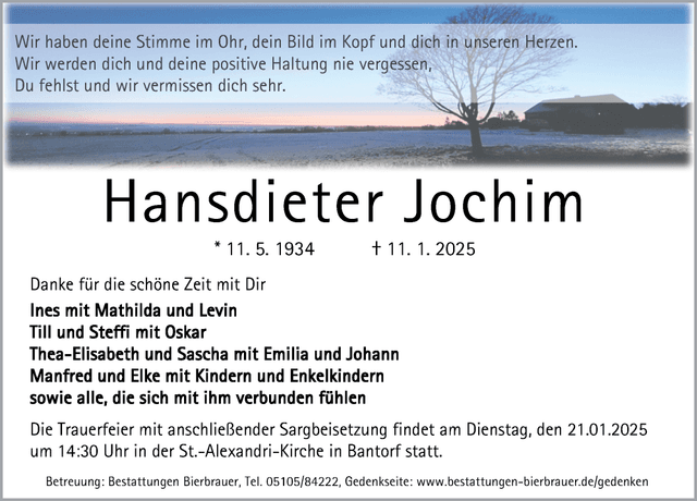 Traueranzeige Hansdieter Jochim