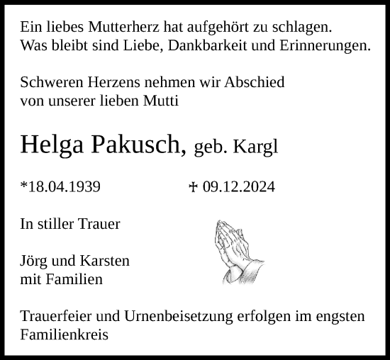 Traueranzeige Helga Pakusch