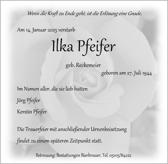 Traueranzeige Ilka Pfeifer
