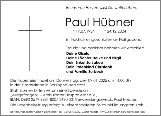 Traueranzeige Paul Hübner