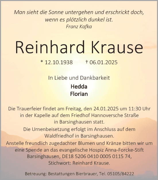 Traueranzeige Reinhard Krause
