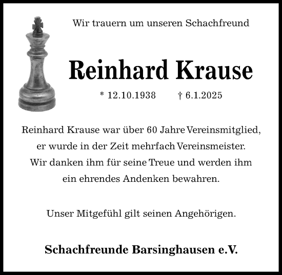 Traueranzeige Schafreunde Reinhard Krause
