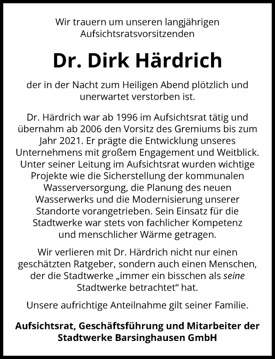 Traueranzeige Stadtwerke Barsinghausen