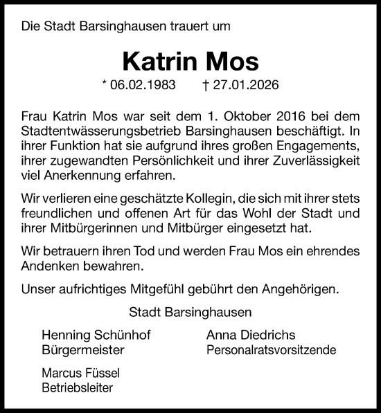 Traueranzeige Stadt Barsinghausen