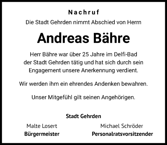 Nachruf Stadt Gehrden