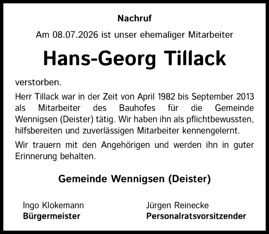 Nachruf Gemeinde Wennigsen (Deister)
